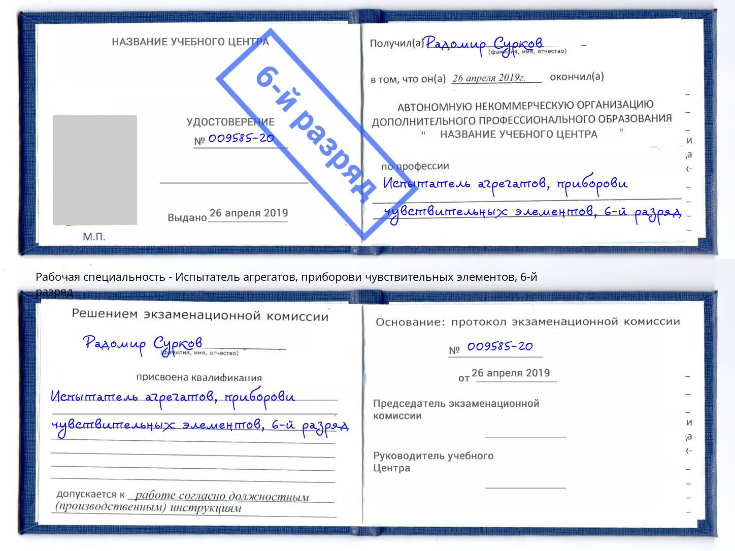 корочка 6-й разряд Испытатель агрегатов, приборови чувствительных элементов Салехард