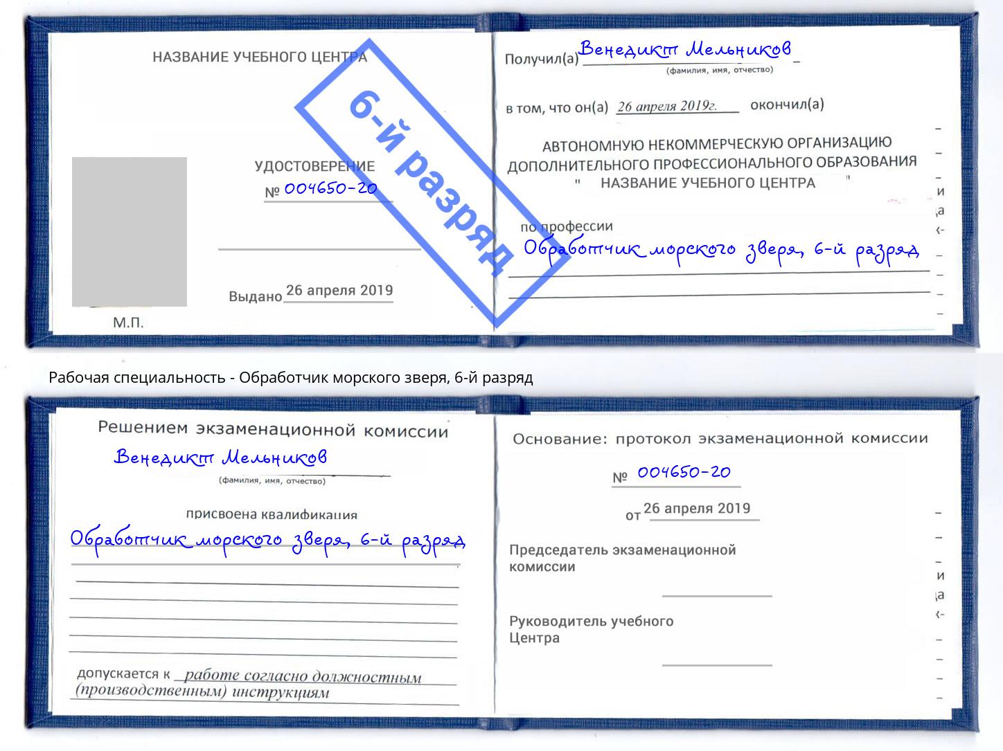 корочка 6-й разряд Обработчик морского зверя Салехард